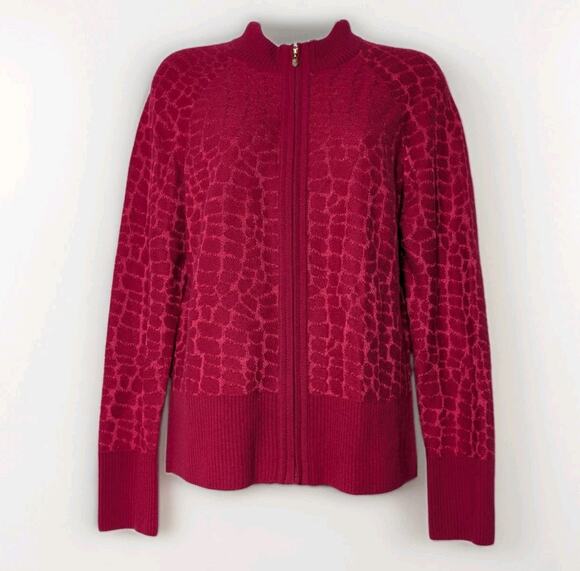 St. John Sweaters - St John Sweater Womens Dark Pink Giraffe Gold Full Zip Cashmere Blend Jacket M